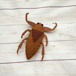 Peut inclure: Un insecte en feutre marron avec des yeux noirs. L'insecte a un corps segmenté et six pattes.