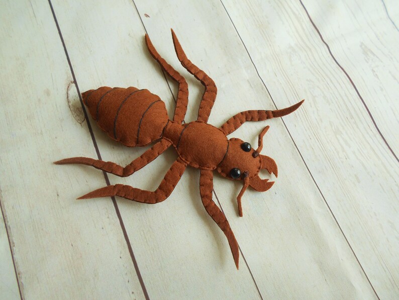May include: A brown felt ant with black eyes. The ant is lying on its back with its legs spread out.