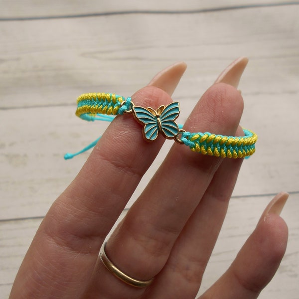 Frendship braided bracelet with butterly Blue nylon bracelet for woman Mother gift Butterfly bracelet for entomologist from nylon cord