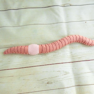 Pode incluir: Um verme de feltro rosa com um círculo de feltro rosa no meio. O verme está deitado sobre uma superfície de madeira clara.