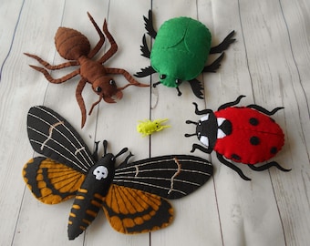 Bugs collection from felt, Realistic beetle toys, Learn nature felted toys, Young naturalist birthday gift, Felt beetles and bugs