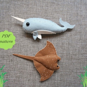 PDF sewing pattern for women PDF felt sewing pattern PDF felt pattern Narwhal toy Stingray toy Educational toy sea animals Felted animals