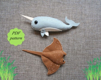 PDF sewing pattern for women PDF felt sewing pattern PDF felt pattern Narwhal toy Stingray toy Educational toy sea animals Felted animals