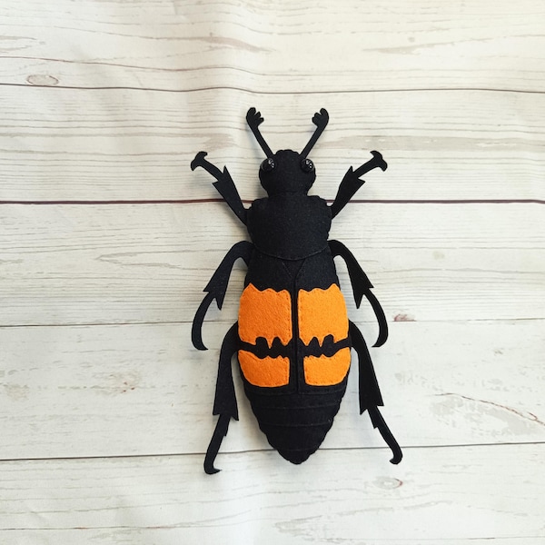 Figura realista de Nicrophorus Vespilloides de fieltro. Figura de escarabajo enterrador negro. Regalo para entomólogos. Insecto de fieltro - Figura de Nicrophorus Vespilloides.