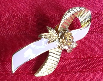 Avon pink cancer ribbon pin gold tone with pink and flower Vintage