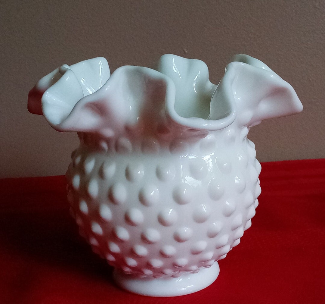 Milk Glass Vase Hobnail White Ruffled Edge Vase Vintage Milk Glass ...