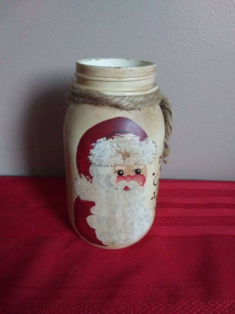 Hand painted golden harvest mason jar with santa signed MAR