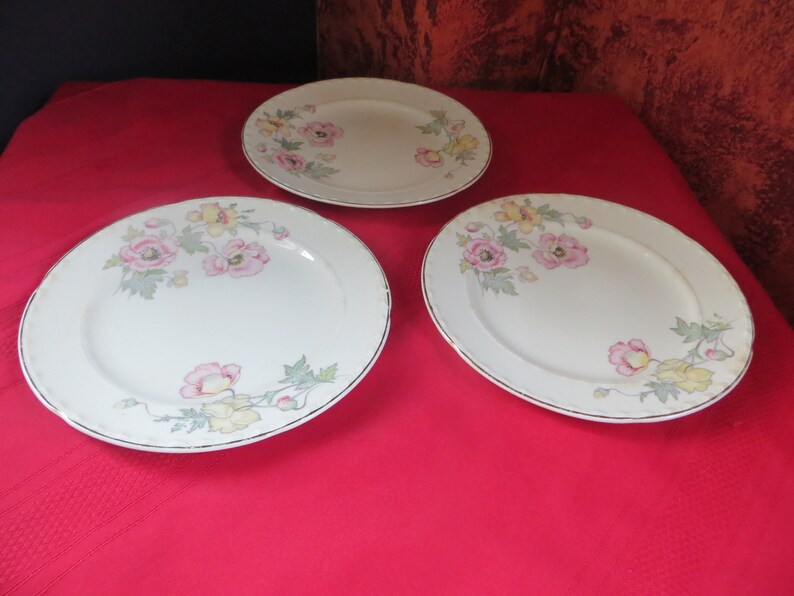 Crooksville China Co 8'' Plates D M Vintage Made in U.S.A. Pink Yellow Flowers Original Set of 3