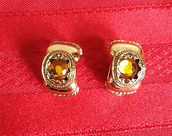 Gold tone Vintage amber rhinestones clip on earrings