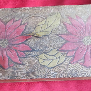 Pyrography Wood Box with Poinsettia Flowers trinkets trinket box Antique