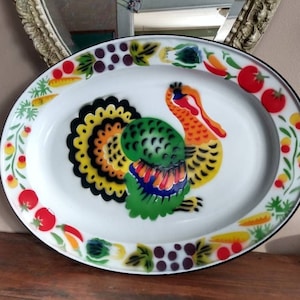 Enamel Metal Thanksgiving Turkey Platter 18&quot; x 13&quot; Decorative