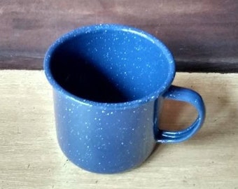 Blue Enamel Metal Coffee Cup White Speckled Camping Mug with Handle