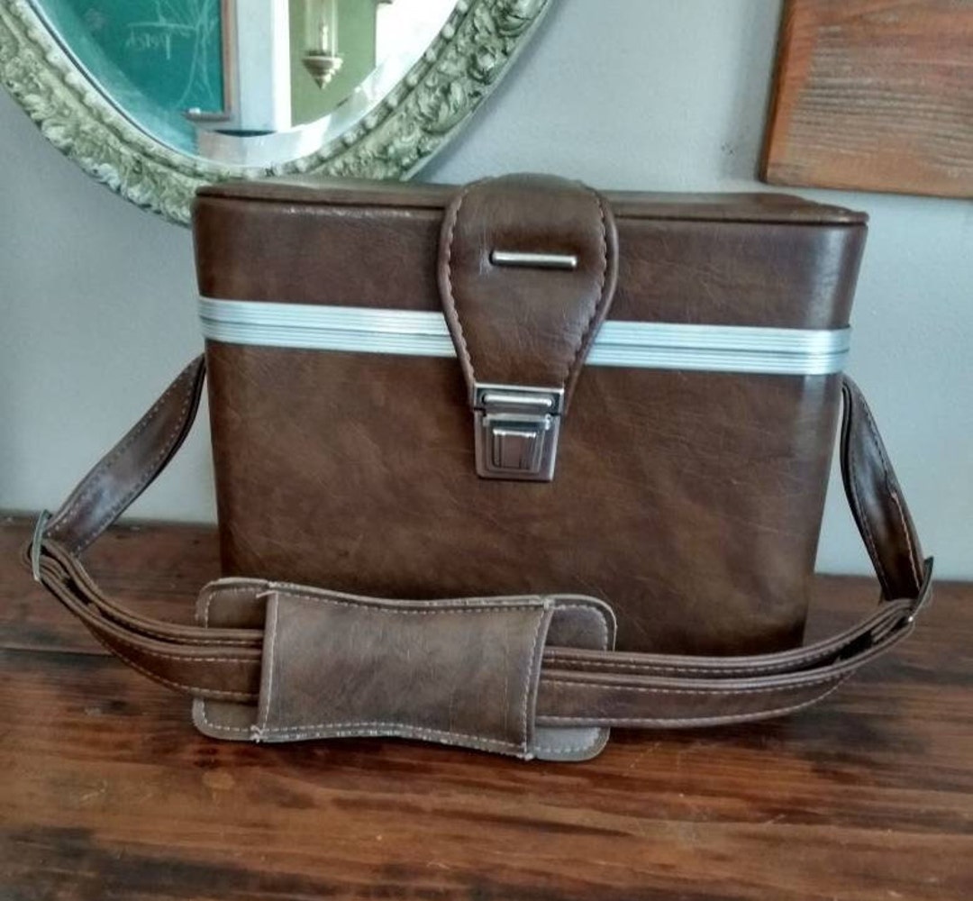 Brown Faux Leather Train Case With Shoulder Strap Camera Case Etsy