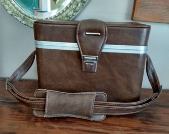 Brown Faux Leather Train Case with Shoulder Strap Camera Case
