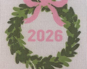 2026 Christmas Wreath with  Pink Bow Needlepoint Canvas