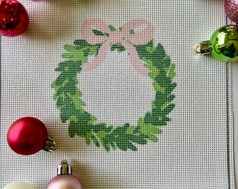 Christmas Wreath with  Pink Bow Needlepoint Canvas