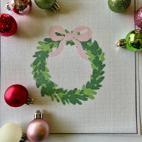 Christmas Wreath with  Pink Bow Needlepoint Canvas