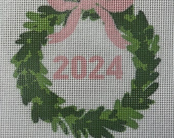 2024 Christmas Wreath with  Pink Bow Needlepoint Canvas