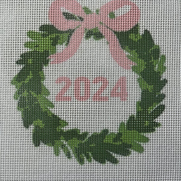 2024 Christmas Wreath with  Pink Bow Needlepoint Canvas