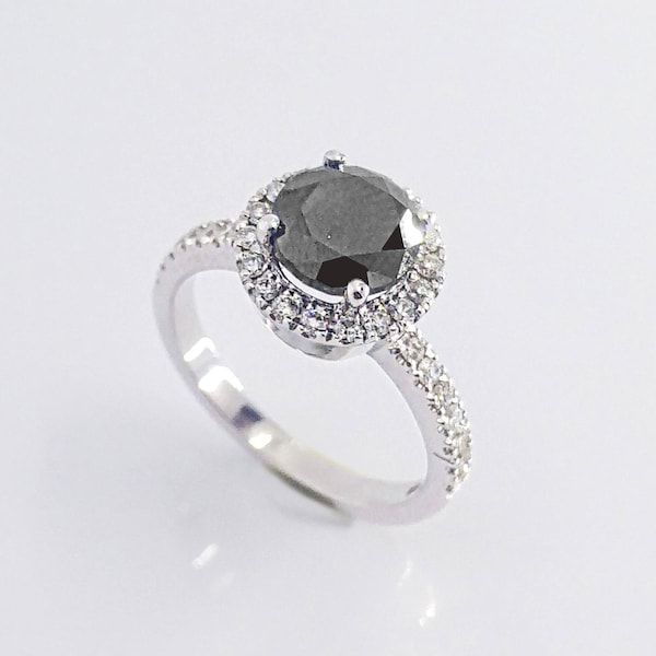 Round Black Diamond Ring with Diamond Halo and Diamond Band