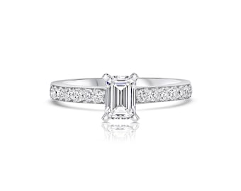 Emerald Cut Solitaire Diamond Engagement Ring with Pave Diamond Band