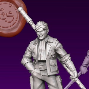 May include: A gray 3D printed miniature of a person holding a long spear. The person is wearing a jacket, pants, and boots. The miniature is posed in a standing position with the spear held in front of them. The miniature is on a black base.