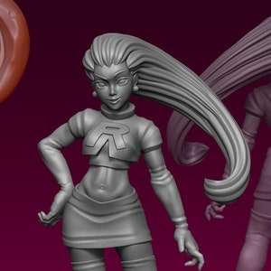 May include: A gray 3D printed figurine of a female character with long purple hair, wearing a short skirt and boots. The character is holding her right hand up in a pose. The figurine is standing on a black base.