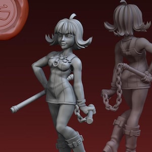 May include: A grey 3D printed miniature figurine of a female character with short hair, wearing a short dress and boots, holding a chain and a baton. The figurine is posed in a standing position with one leg slightly bent.