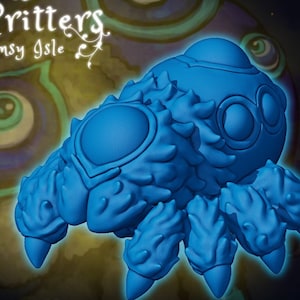 May include: A blue, spiky, 3D printed creature with multiple eyes. The creature is a spider-like figure with six legs. The creature is part of the "Curious Critters of Whimsy Isle" collection.