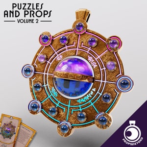 May include: A gold-colored pendant with a circular design featuring a blue and purple orb in the center. The pendant has a intricate pattern of lines and circles, and is adorned with purple and blue gemstones.