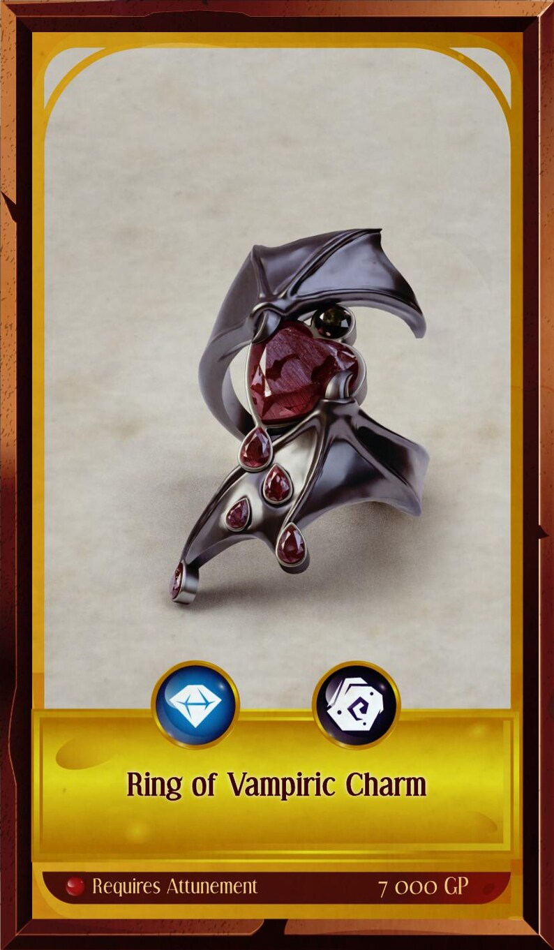 May include: A black ring with a red gemstone and bat wings. The ring is set against a white background. The text "Ring of Vampiric Charm" is below the ring. The text "Requires Attunement" is below the ring. The text "7 000 GP" is below the ring.