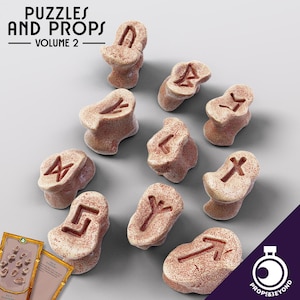 May include: Ten small, white, irregularly shaped stone runes with red markings. The runes are arranged in a circle on a gray surface. The runes are labeled with the text "PUZZLES AND PROPS VOLUME 2".