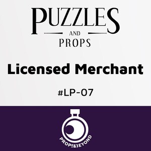 May include: White text on a black background reads "Puzzles and Props Licensed Merchant #LP-07". Below the text is a white logo of a potion bottle with a crescent moon inside and the text "Props & Beyond" around the bottle.