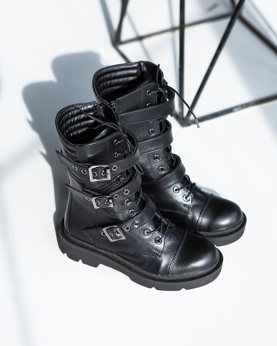 womens leather combat boots black