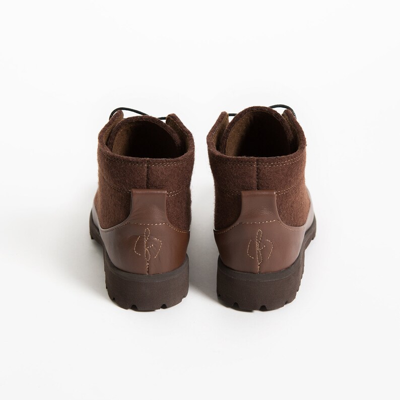 Womens brown boots Felt leather ankle boots Wool boots Fall shoes Leather booties Custom boots Lace-up boots Handmade shoes Cozy shoe
