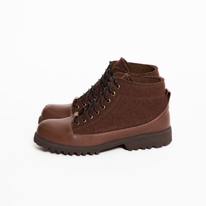 Womens brown boots Felt leather ankle boots Wool boots Fall shoes Leather booties Custom boots Lace-up boots Handmade shoes Cozy shoe