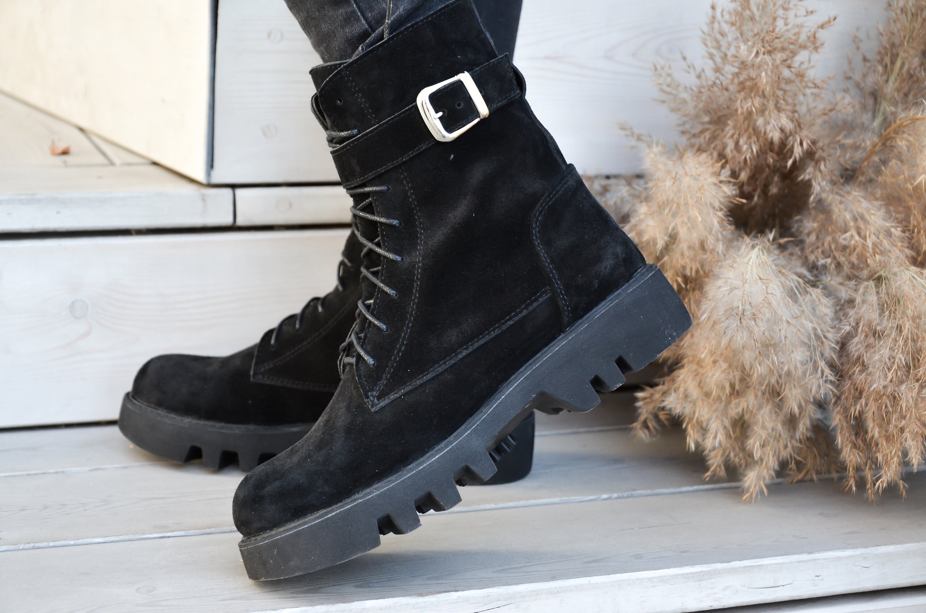 suede combat boots women's