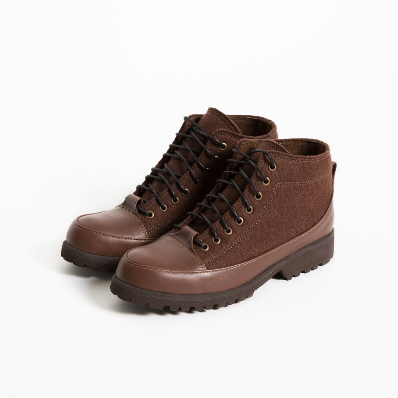Womens brown boots Felt leather ankle boots Wool boots Fall shoes Leather booties Custom boots Lace-up boots Handmade shoes Cozy shoe