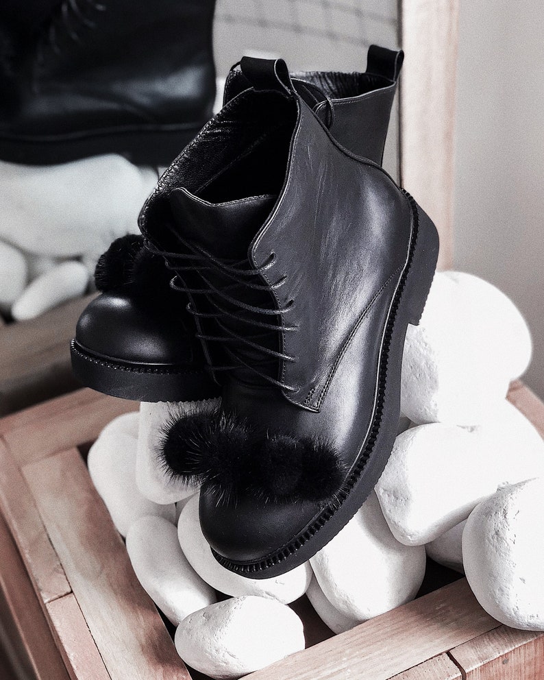 Black Leather Combat Boots for Womens With Mink Cute Ladies Etsy