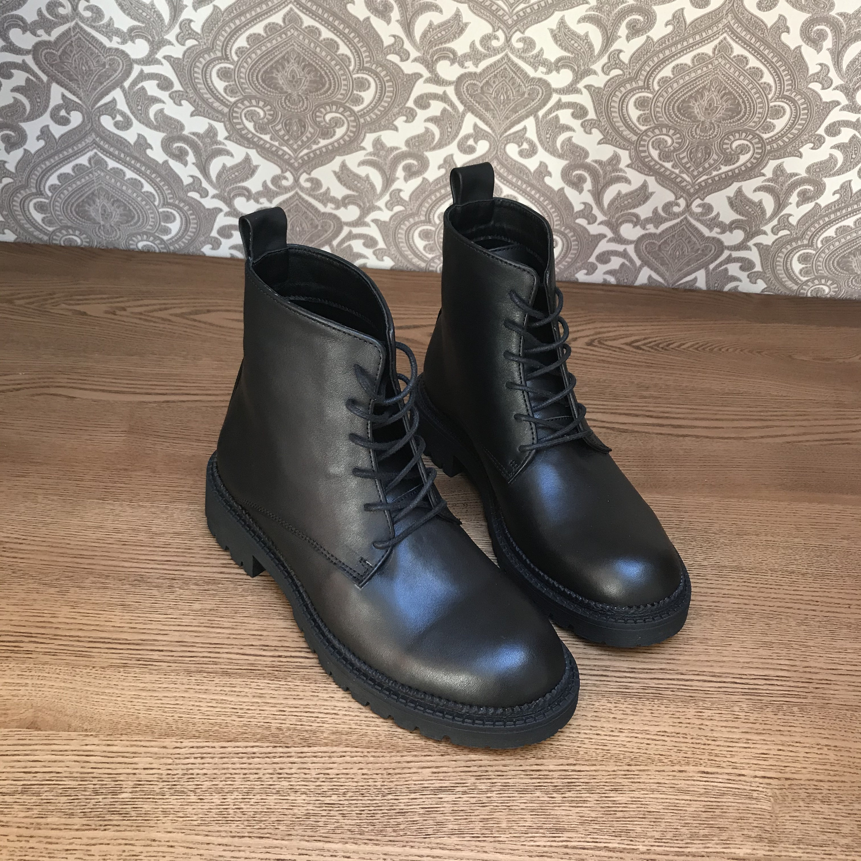 Black leather combat boots for womens Fall lace up booties Etsy