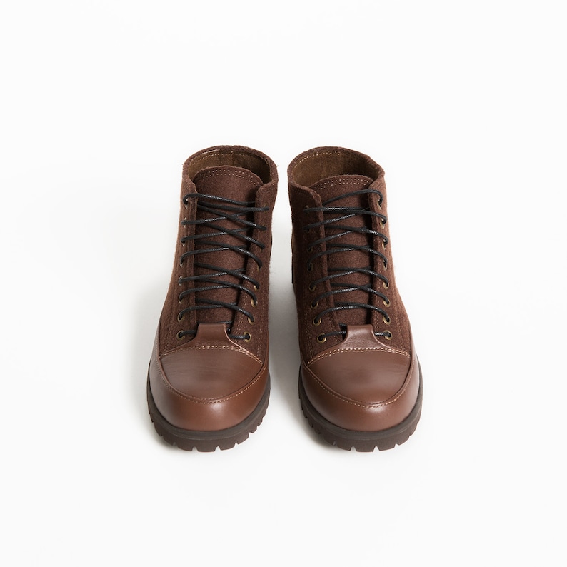 Womens brown boots Felt leather ankle boots Wool boots Fall shoes Leather booties Custom boots Lace-up boots Handmade shoes Cozy shoe