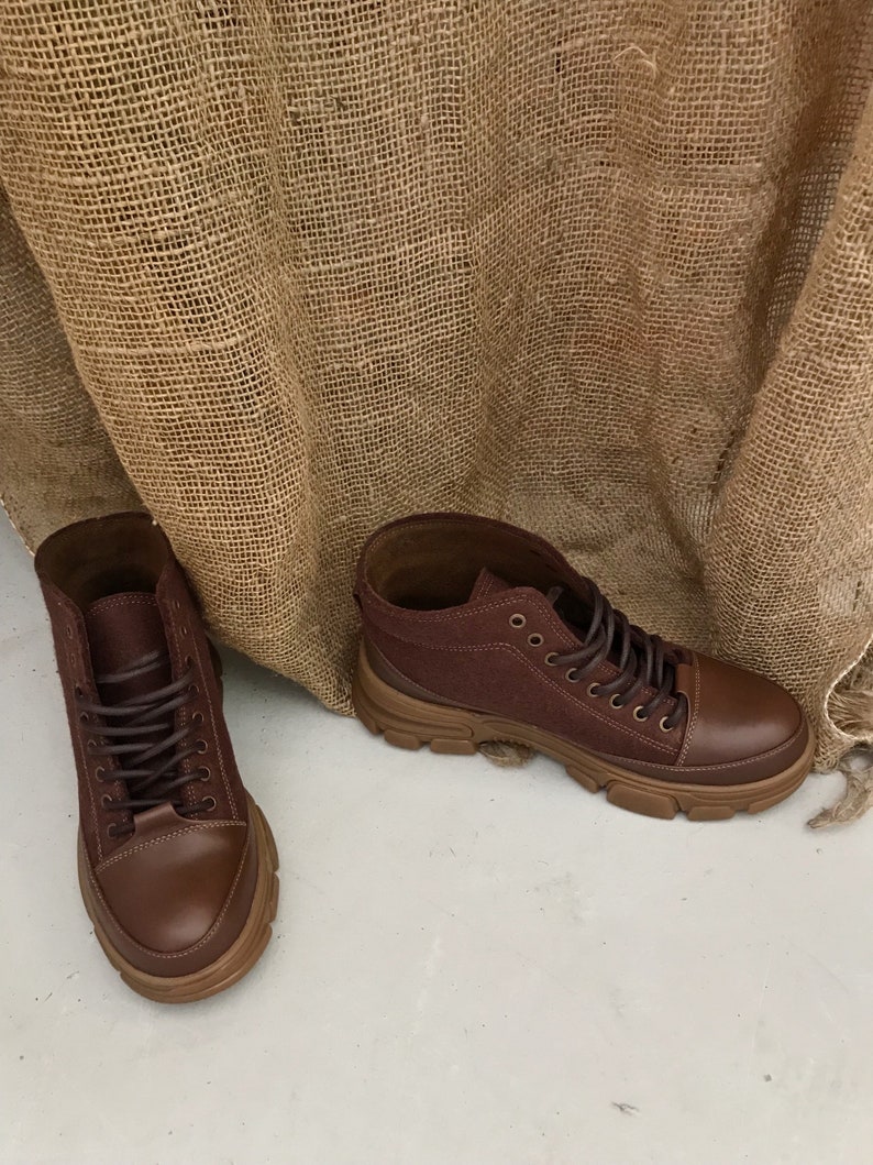 Womens brown boots size 7 Felt leather ankle boots Wool boots Etsy