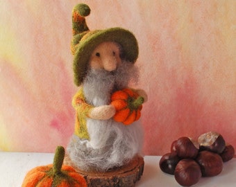 Needle felted Wool Autumn Gnome with two pumpkins Forest Gnome Wool Gnome Felted figures Waldorf Inspired Gnomes Waldorf toys Autumn decor