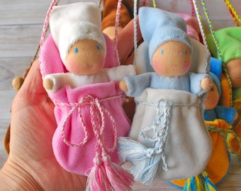 Waldorf baby dolls in a pouch Necklace dolls Waldorf little baby Dolls in a bag Pocket size dolls Waldorf toys Steiner dolls German dolls