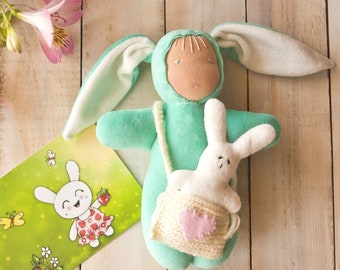 Waldorf Bunny doll with little White Bunny in the knitted bag Waldorf Easter first doll Hoppy Easter