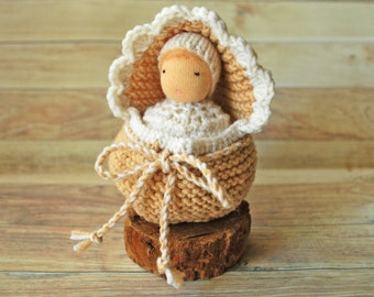 Waldorf tiny doll in crib Waldorf baby doll Waldorf toys Pocket doll Knitted doll in a pouch Small knitted doll Tiny baby doll German doll