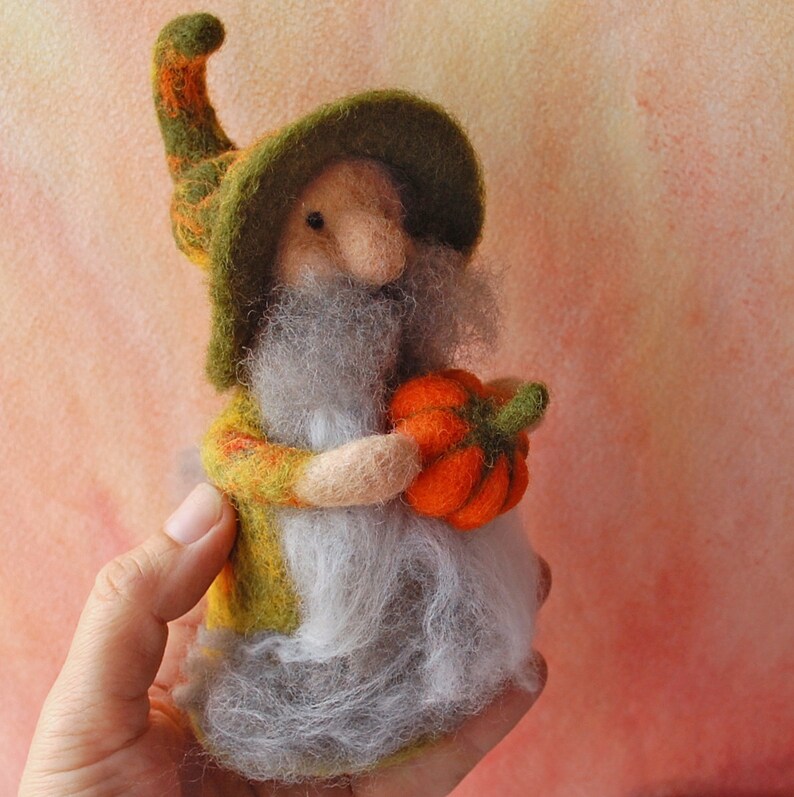 Needle Felted Wool Autumn Gnome With Two Pumpkins Forest Gnome Wool