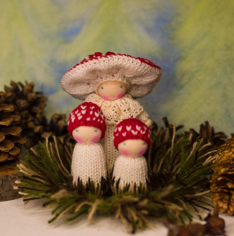 May include: Three knitted mushroom dolls, one with a larger red and white mushroom hat, and two smaller dolls with red and white knit hats. The dolls are sitting in a bed of green moss.