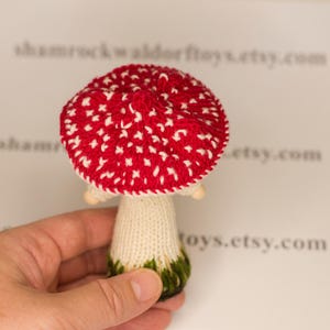 May include: A hand is holding a knitted mushroom toy with a red and white spotted cap and a white stem. The mushroom is approximately 15cm tall.