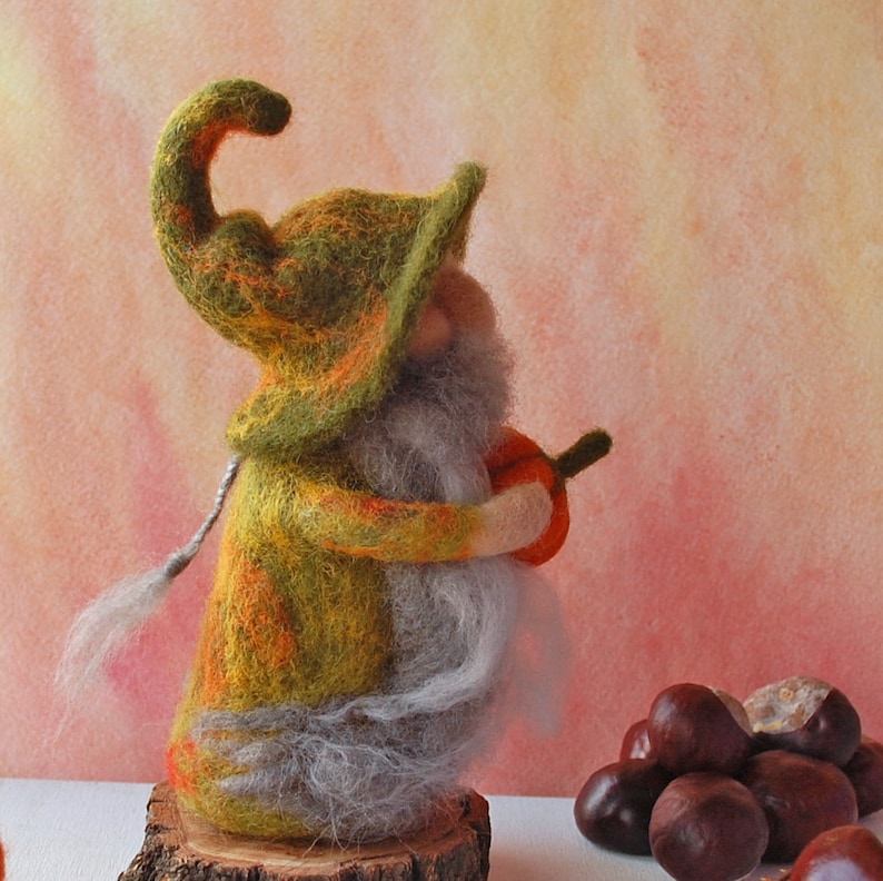 Needle Felted Wool Autumn Gnome With Two Pumpkins Forest Gnome Wool